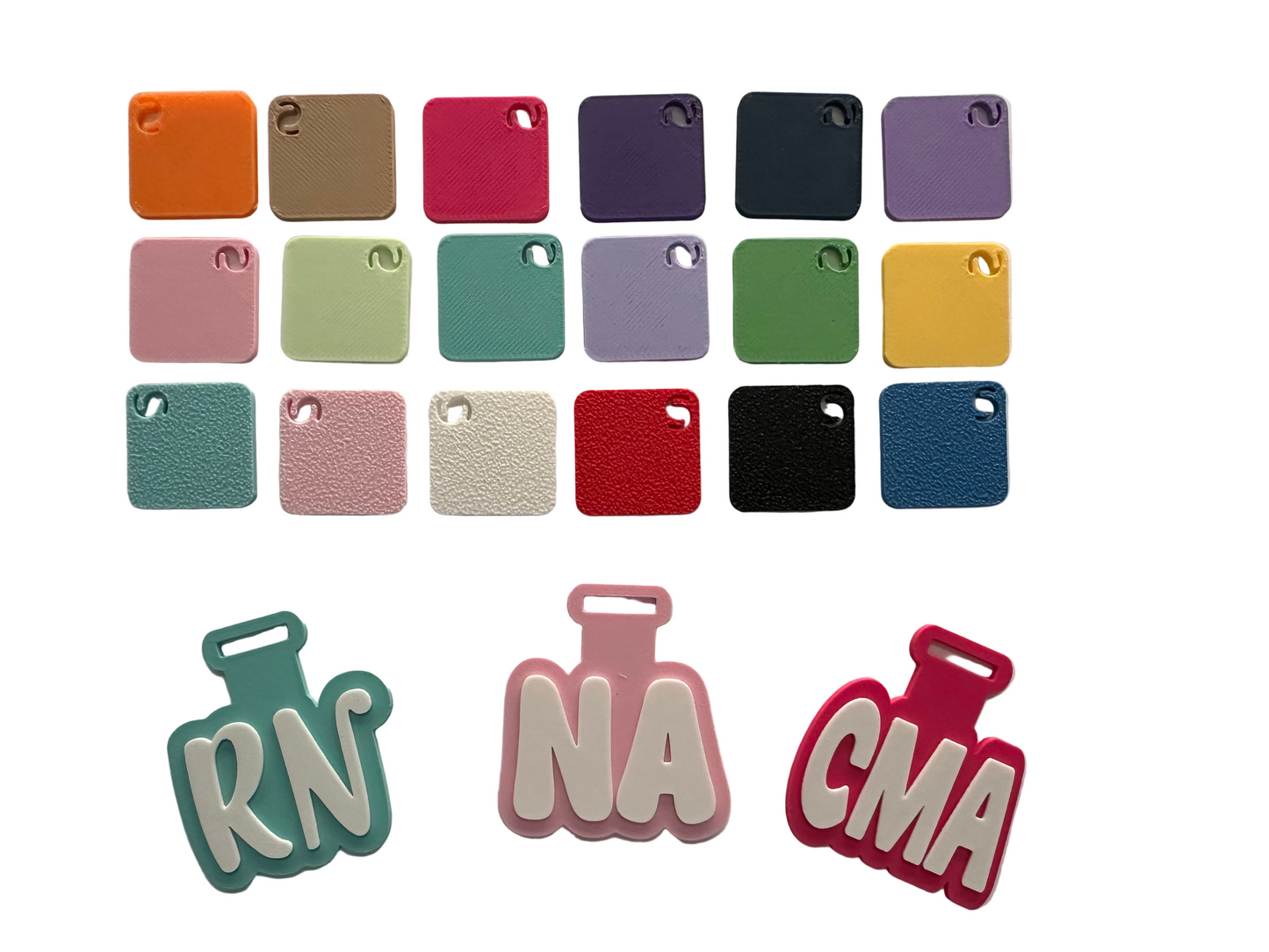 Colorful square tags with different textures and three larger tags labeled RN, NA, and CMA on a white background.