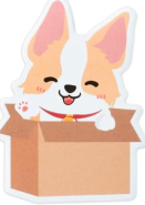 Cartoon dog with a happy expression in a cardboard box