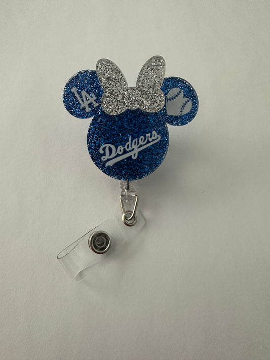 LA Dodgers Silver Glitter Bow Mouse Ear Badge Reel