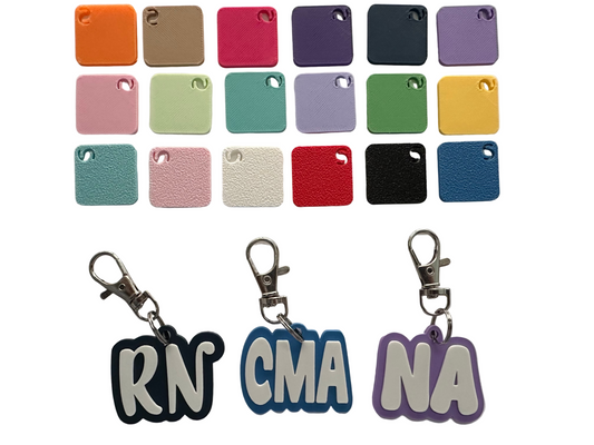 Color swatch chart with keychains labeled RN, CMA, and NA on a white background