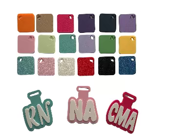 Color swatches with different textures and three charms labeled RN, NA, and CMA on a white background.