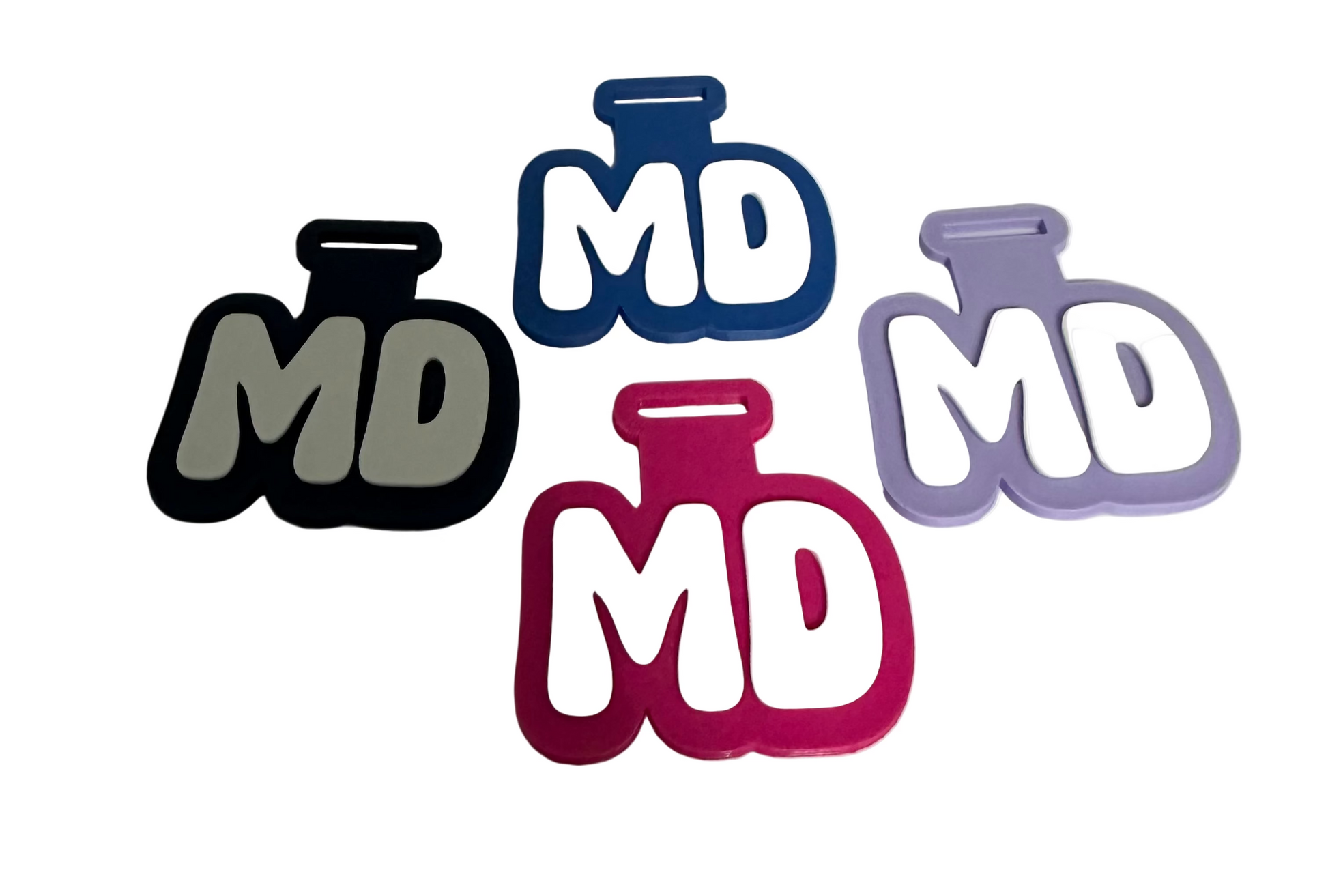 Four 'MD' logos in different colors on a white background